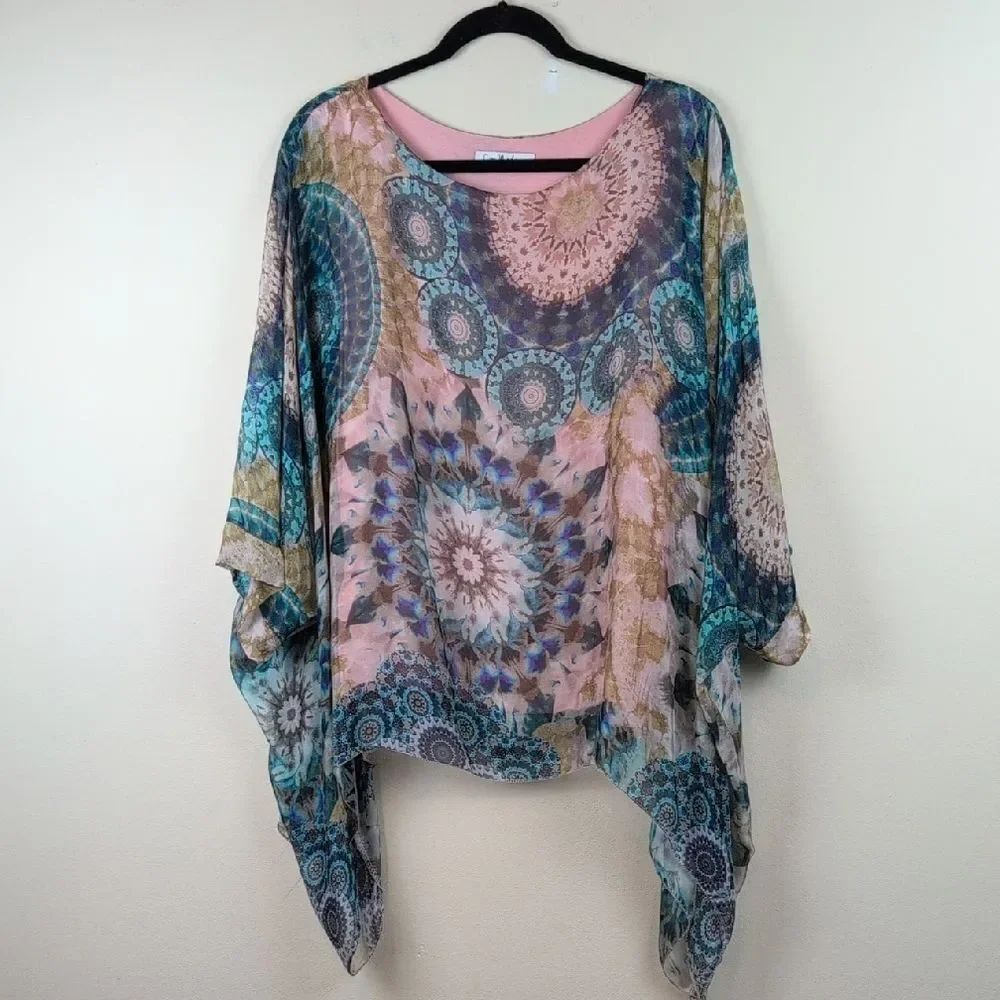 Gigi Moda Silk Kaftan Style Blouse Tie Dye Floral Medallion Bohemian Print
